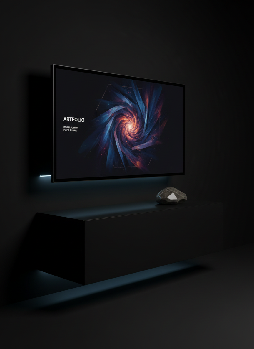 A sleek, minimalist digital display screen with ultra-thin black bezel, showcasing a high-resolution preview of abstract artwork on a dark interface. The display rests atop a floating matte black console table, accented by a single, sculptural stone paperweight. The background is a deep, unobtrusive black with velvety gradients, and subtle indirect LED lighting adds dimension by creating gentle reflections along the edge of the screen. The mood is innovative, modern, and understatedly luxurious. Photographed from a slightly off-center perspective with a crisp, shallow depth of field that softly dissolves the far background, this image exemplifies a refined, photographic approach to art portfolio technology integration.