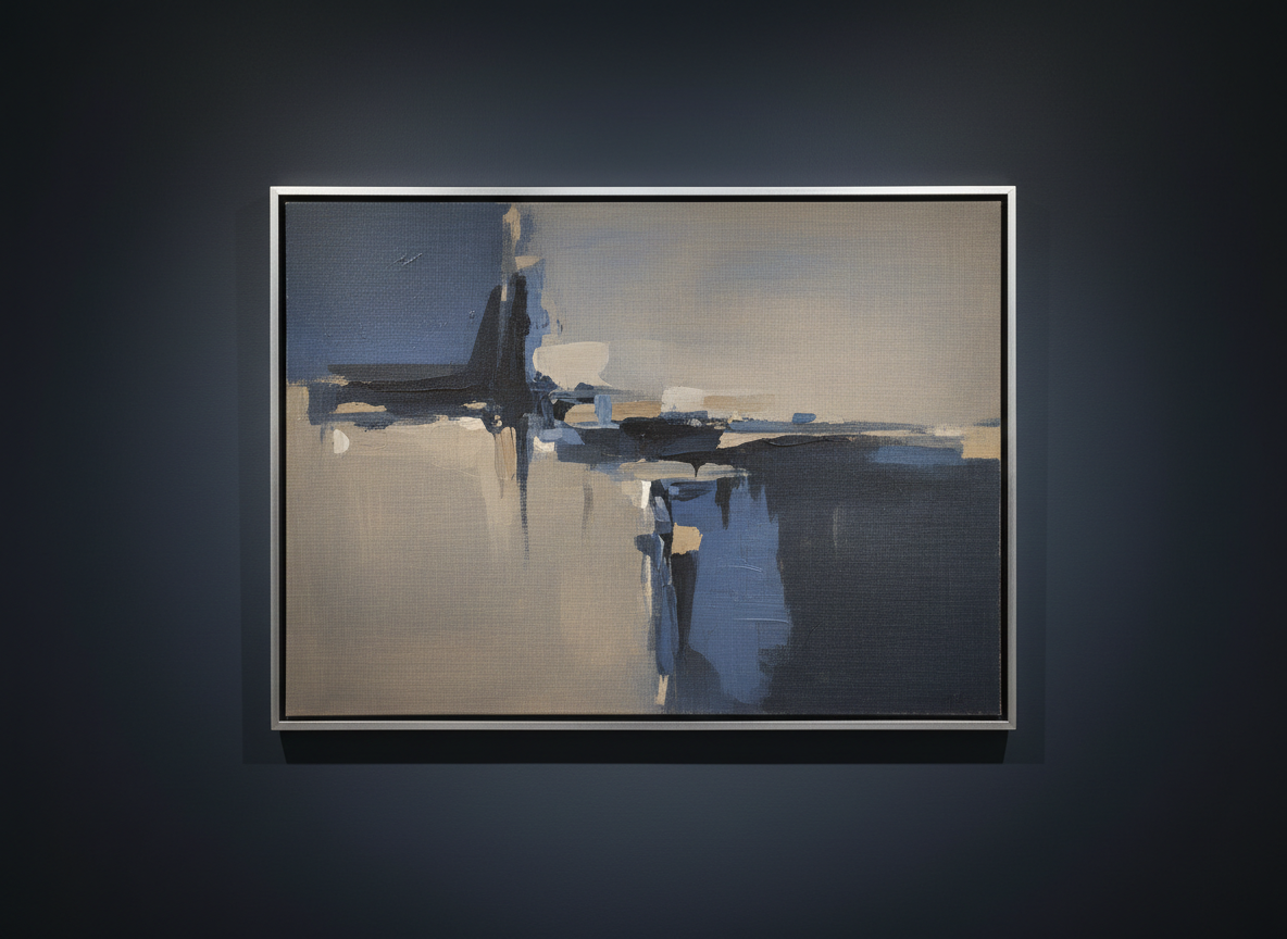 A tastefully lit, glass-framed abstract painting featuring muted indigo, taupe, and charcoal brushstrokes with finely textured canvas details, hung against a matte dark slate wall. The artwork commands the scene, surrounded by minimal space, with subtle gradients in the background accentuating its form. Soft, indirect gallery lighting creates gentle highlights on the frame edge and faint, elegant shadows against the wall. The mood is contemplative and sophisticated, evoking a quiet sense of artistic reverence. Captured at eye level with a centered composition and balanced spacing, the image reflects a photographic realism and minimalist elegance, perfectly attuned to an art gallery portfolio.